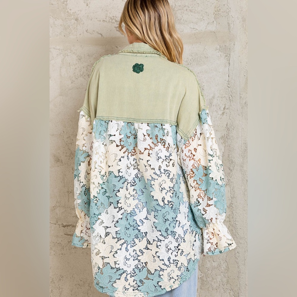 #30 New! Pol Gorgeous Sage Lace Shacket with detailed ruffled sleeves - Picture 2 of 6